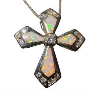 Opal, CZ & Sterling Silver Embellished Cross Pendant Necklace